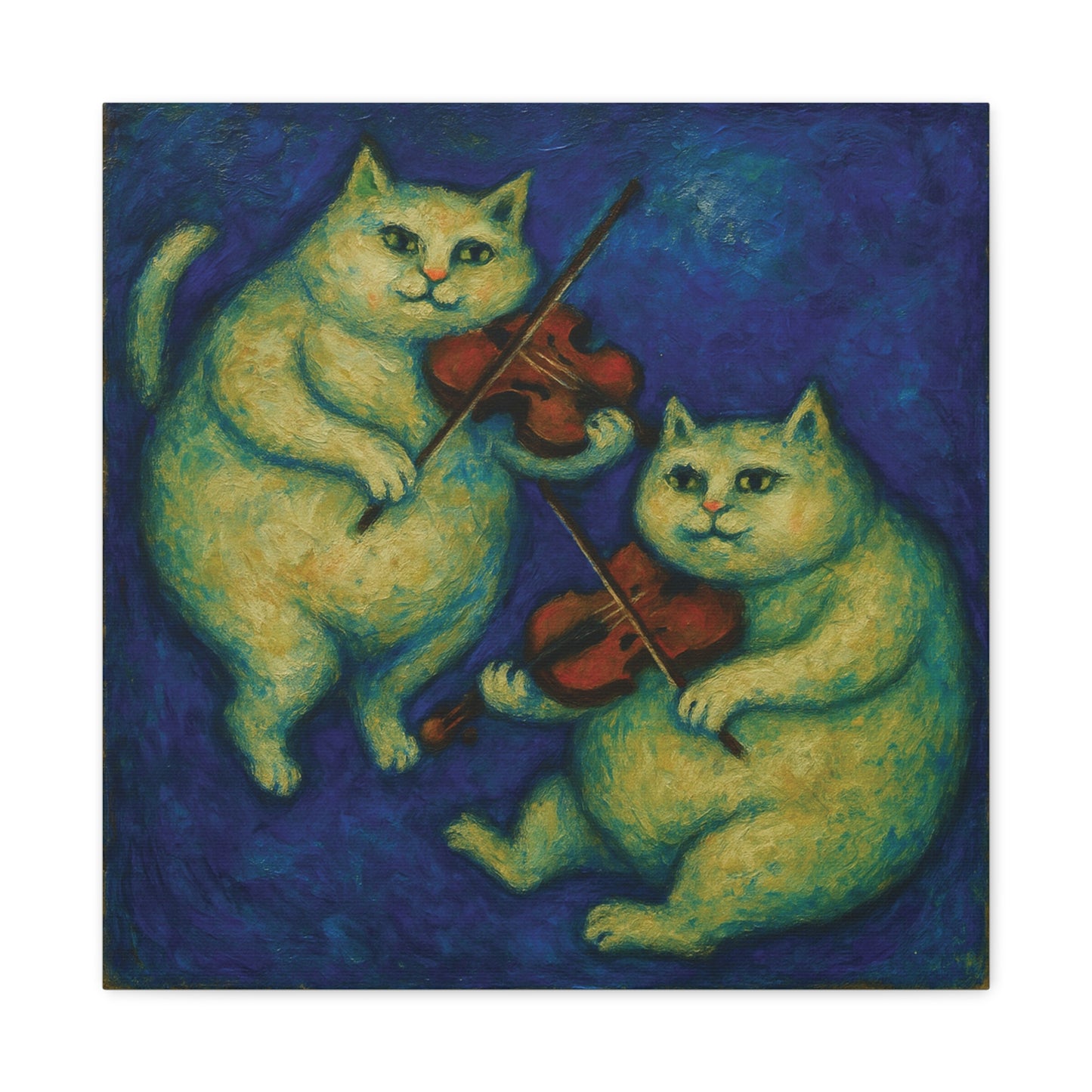 Canvas Wall Art, Two Chubby Cats Floating Playing Violin, Cat Lover Gift, Home Decor, Animal Art Print
