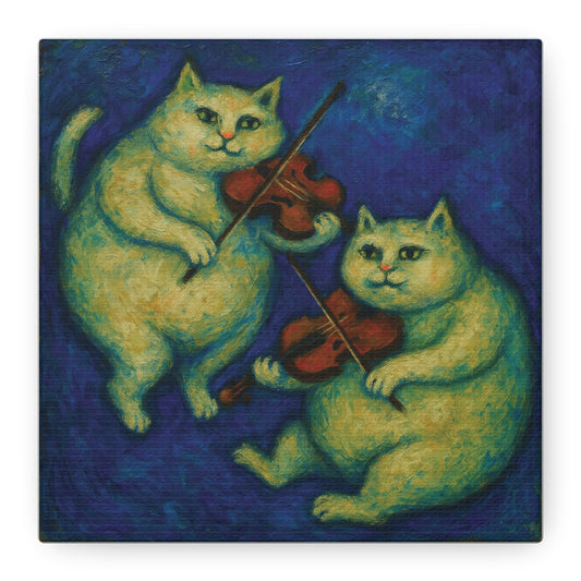Canvas Wall Art, Two Chubby Cats Floating Playing Violin, Cat Lover Gift, Home Decor, Animal Art Print