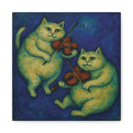 Canvas Wall Art, Two Chubby Cats Floating Playing Violin, Cat Lover Gift, Home Decor, Animal Art Print